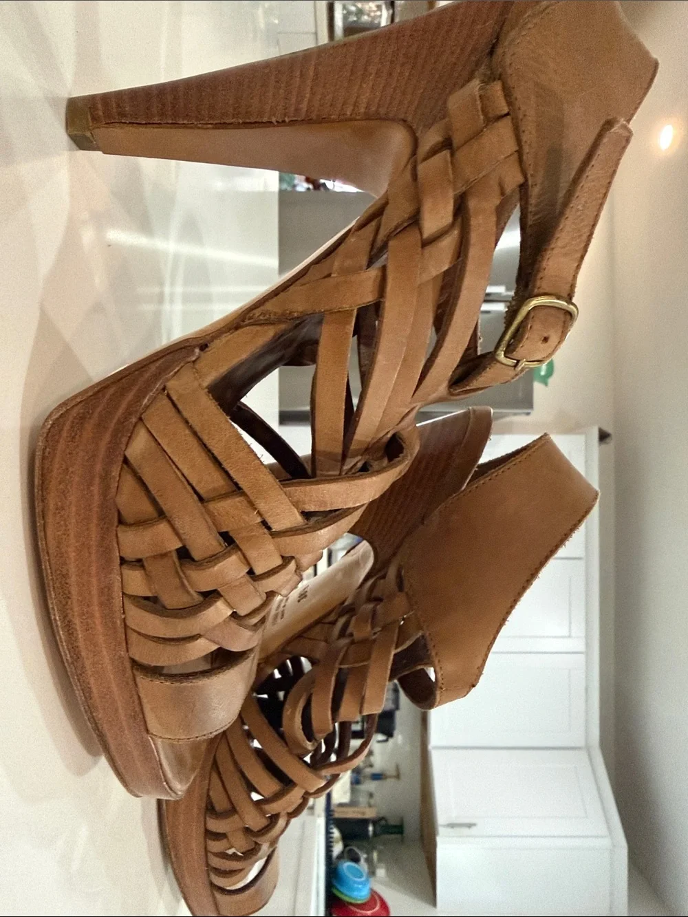 Barneys co-op Tan Woven Leather High Heel Sandals